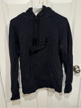 Nike Sportswear Jumbo Suede Logo Black Pullover Hoodie Mens U.S. XL